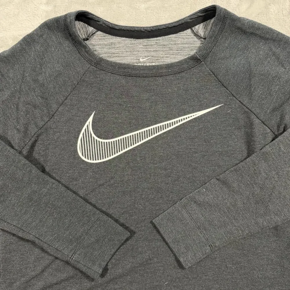 Nike Dri-FIT Womens Large Black Big Swoosh Asymmetrical Hem Long Sleeve Top